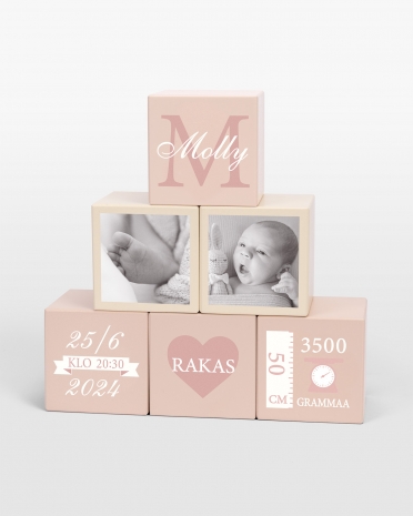 Puupalikat, klassinen ja henkilökohtainen kastejuhlalahja