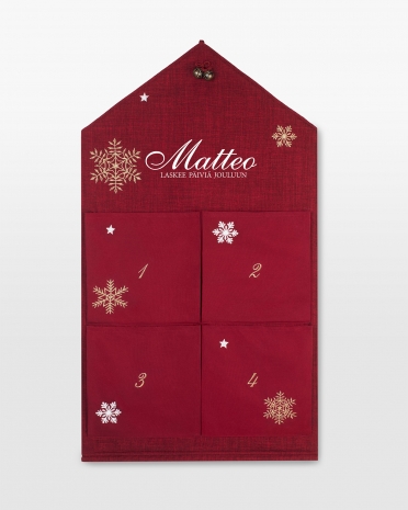 punainen joulukalenteri omalla painatuksella
