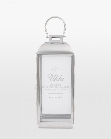 Hopeanvärinen lyhty yksilöllisellä kaiverruksella