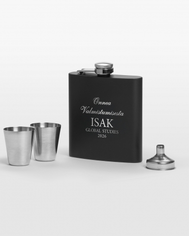 Musta taskupullo henkilökohtaisella kaiverruksella - täydellinen valmistujaislahja