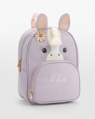 Violetti lastenreppu hevosen motiivilla, hännällä ja harjalla