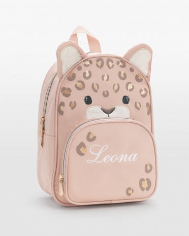 Vaaleanpunainen lastenreppu leopardin muodossa, kultakiiltävillä läiskillä