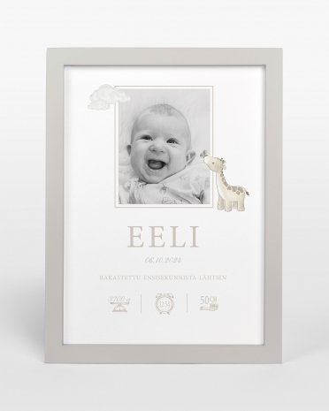 Kastekuva lapsen nimellä ja syntymätiedoilla