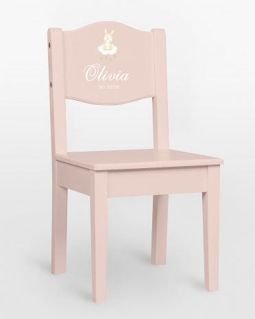 Vaaleanpunainen syöttötuoli kani-aiheella ja nimellä sekä valinnaisella tekstillä