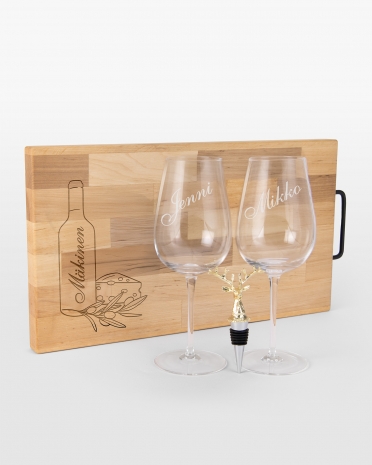Ylellinen lahjasetti viinilaseilla ja leikkuulaudalla henkilökohtaisella kaiverruksella