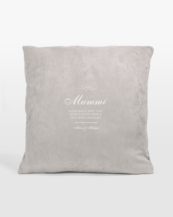 Harmaa tyyny isoäidille henkilökohtaisella tekstillä