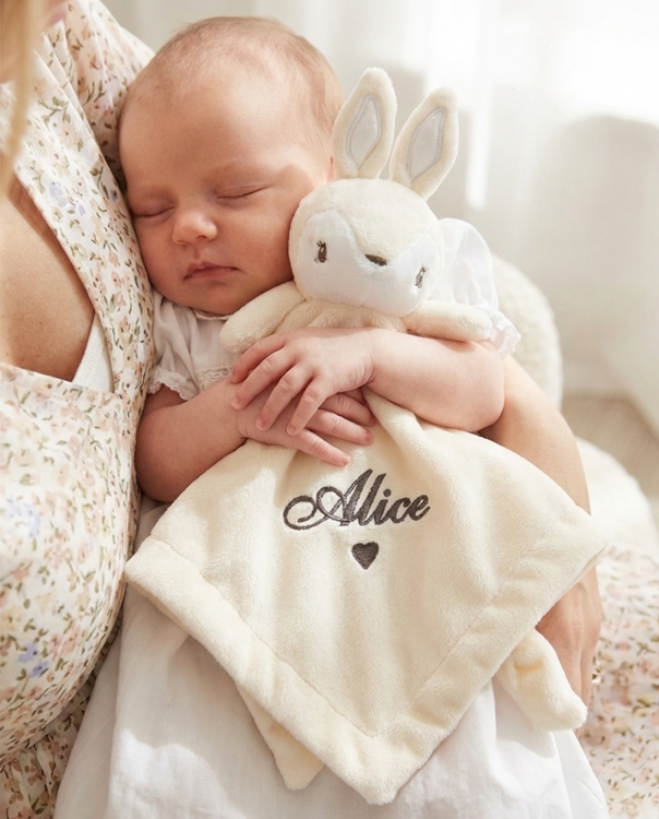 Pupun muotoinen uniriepu henkilökohtaisella kirjailulla