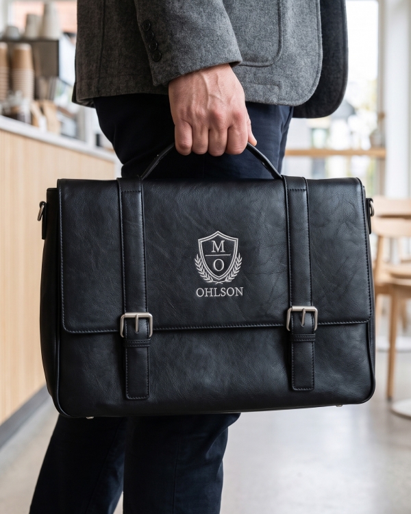 Musta olkalaukku personoidulla brodeerauksella
