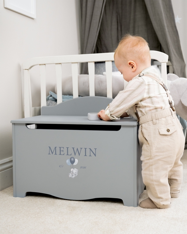 Sininen säilytysrasia nimellä ja päivämäärällä sekä norsuaiheella