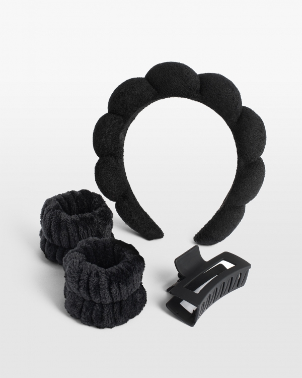 Setti musta hiuspanta, hiusklipsi ja rannekoru