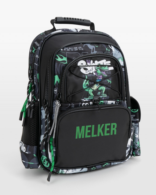 Lasten reppu nimellä, jossa on dinosauruskuvio