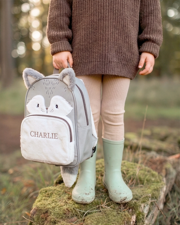 Harmaa lasten ketun muotoinen reppu nimellä