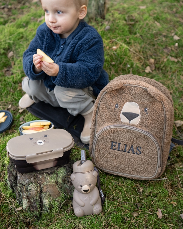 Lasten karhu-reppu, nalle-eväsrasia ja nalle-juomapullo silikonista