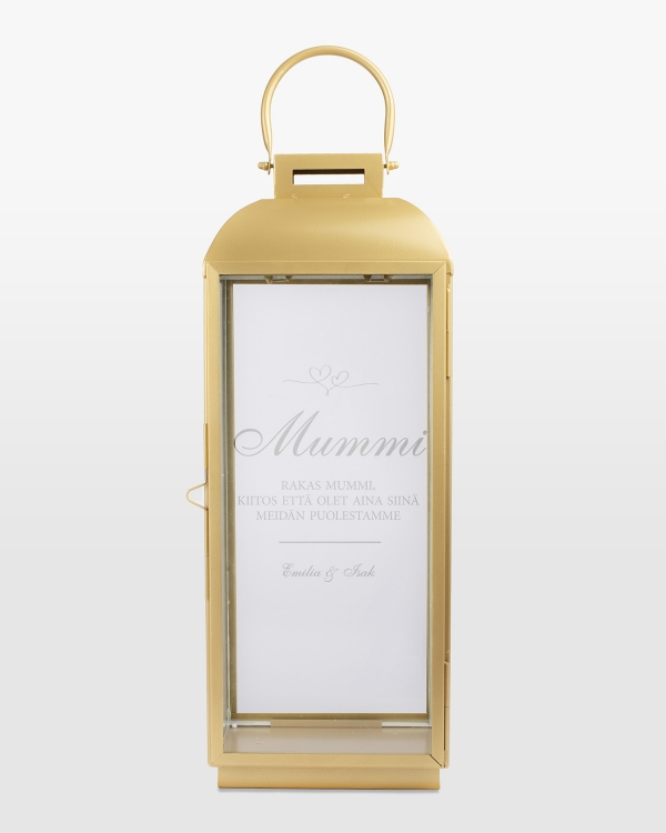 Iso kynttilälyhty omalla tekstillä