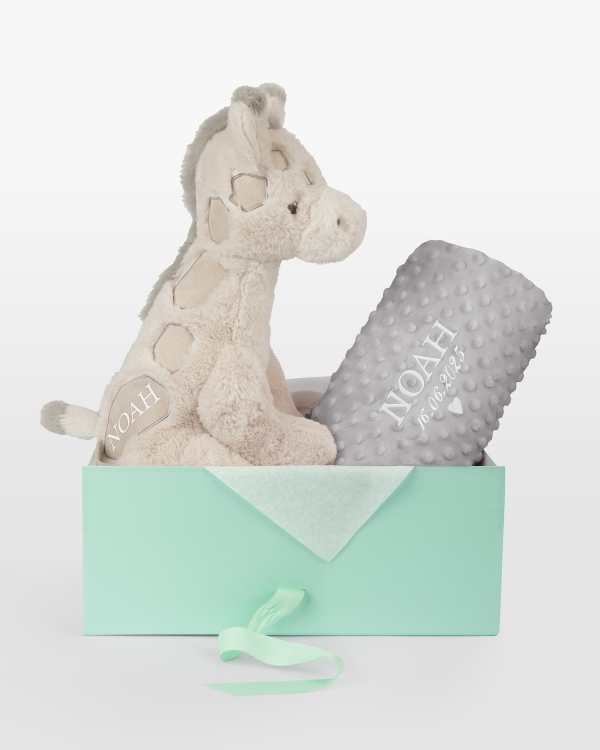 Pehmolelu ja harmaa viltti, jossa kirjailtu nimi ja päivämäärä