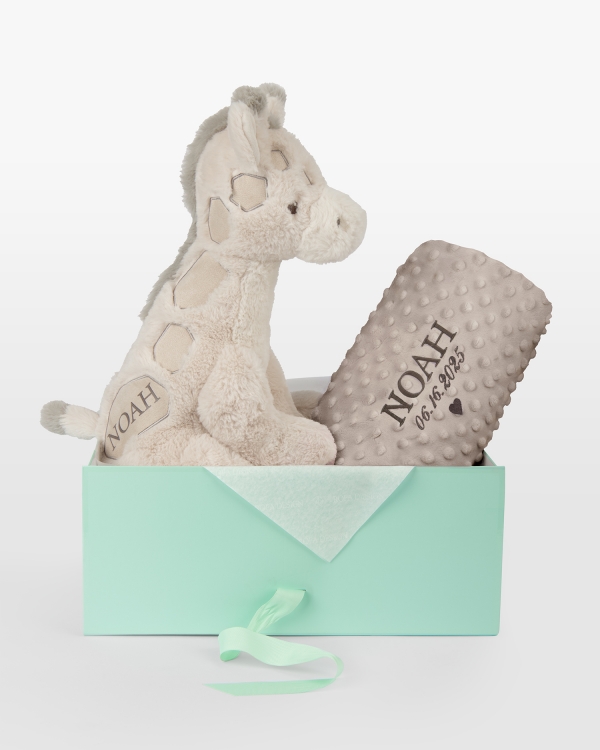 Pehmolelu ja ruskea peitto, jossa kirjailtu nimi ja päivämäärä