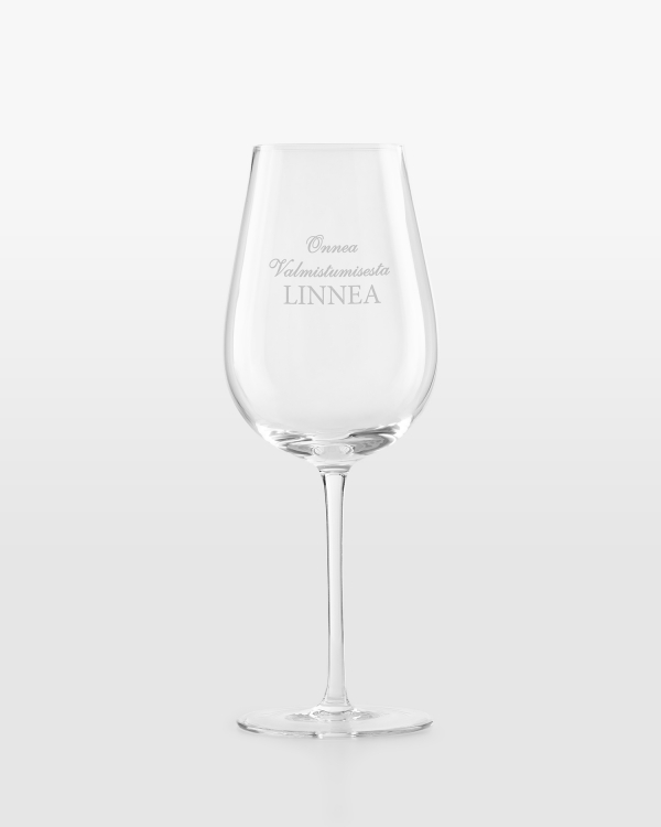 Viinilasi henkilökohtaisella tekstillä valmistujaisiin