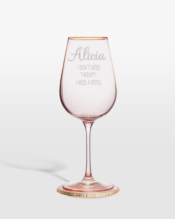 Vaaleanpunainen viinilasi kultareunuksella ja henkilökohtaisella kaiverruksella