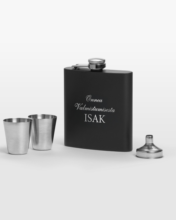 Musta taskupullo henkilökohtaisella kaiverruksella - täydellinen valmistujaislahja