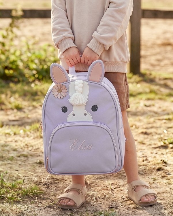 Lila hevosen muotoinen lasten reppu nimellä