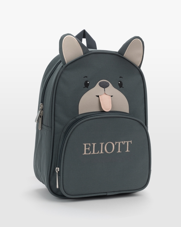 Harmaa lastenreppu koiramotiivilla, hännällä ja kielellä