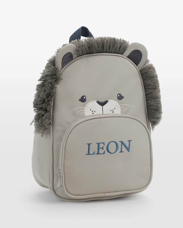 Lasten leijonan muotoinen reppu sinisellä nimellä