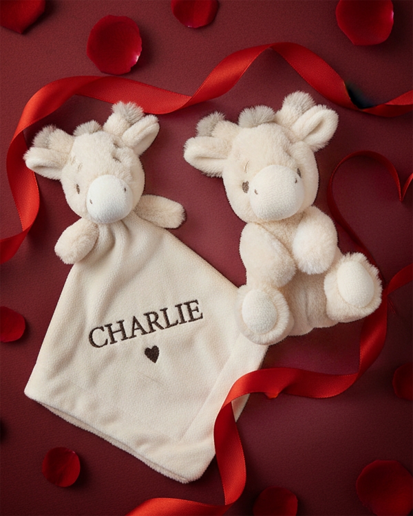 Kirahvi-aiheinen pehmoinen peitto ja helistin nimellä ystävänpäiväksi