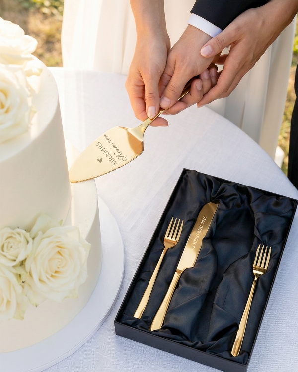 Kaunis kultainen kakkusetti kaiverretulla tekstillä, häihin