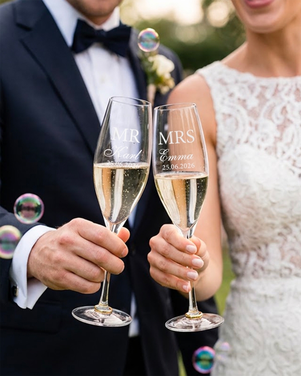 2 samppanjalasia, joissa kultaiset renkaat jalassa ja henkilökohtainen kaiverrus