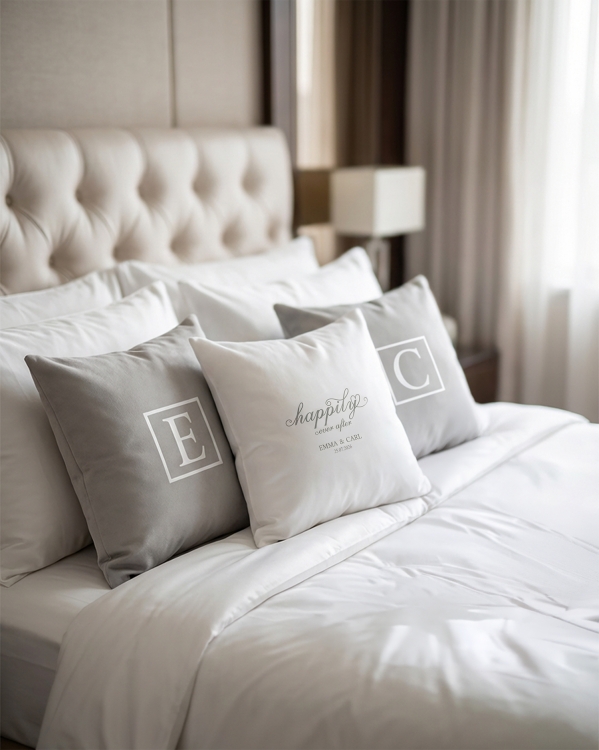 Tyynyliinasetti morsiusparille henkilökohtaisella painatuksella