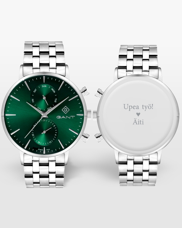 Valmistujaislahjakello nimellä ja onnitteluilla