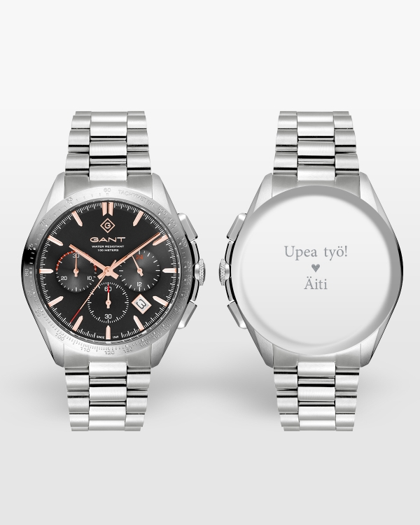 Valmistujaislahjakello nimellä ja onnitteluilla