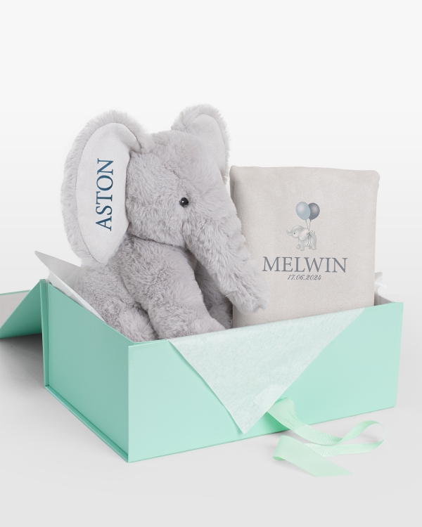 Lahjasetti pehmolelulla ja nimikoidulla tyynynpäällisellä