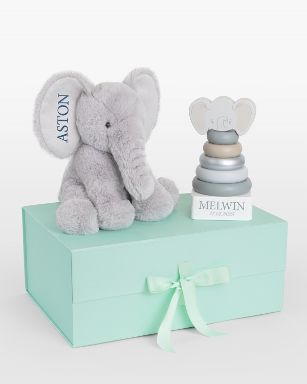 Lahjasetti pehmolelulla ja nimikoidulla pinotornilla