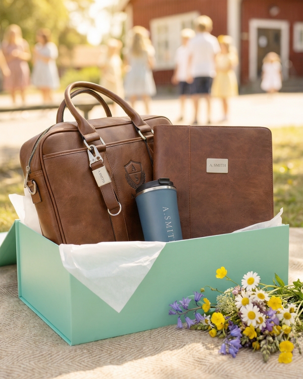 Lahjasetti, joka sisältää kannettavan tietokoneen laukun, kokouskansion, avaimenperän ja termosmukin ruskeana