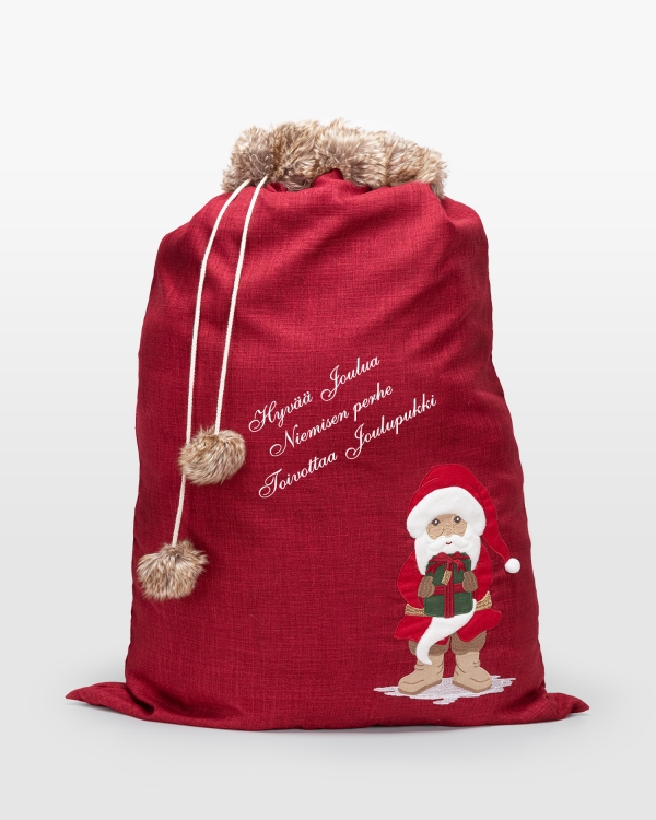 Punainen joululahjasäkki henkilökohtaisella tervehdyksellä, täydellinen ainutlaatuisiin joululahjoihin ja juhlavaan säilytykseen