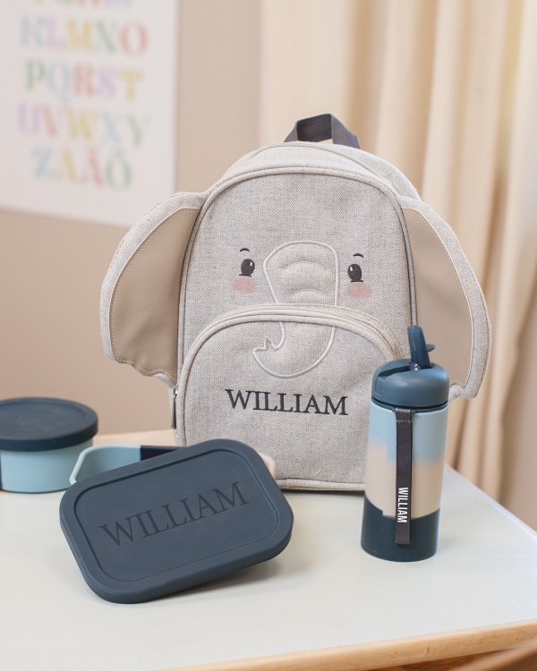 lasten reppu, eväslaatikko ja juomapullo silikonista