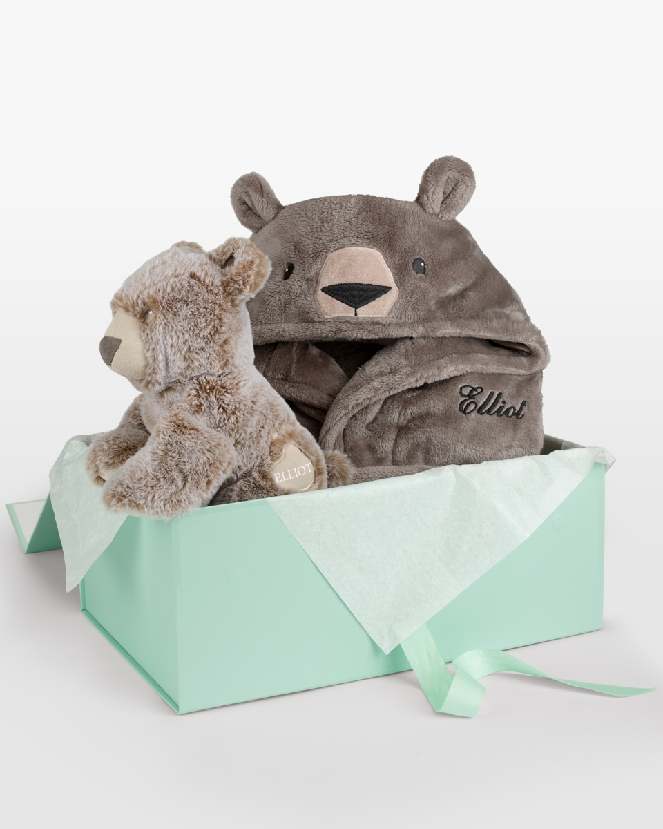 Lasten nimikoitu aamutakki ja pehmoeläin, ruskea – Nalle (Koko: 98/104)