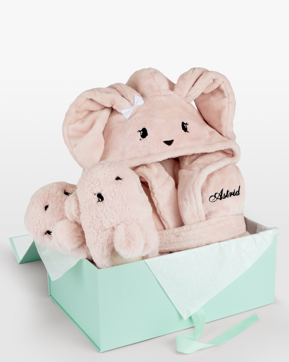 Lasten kylpytakki nimellä ja tossut, vaaleanpunainen – Pupu (Kylpytakit koko: 122/128, Tohvelit koko: 28/29)